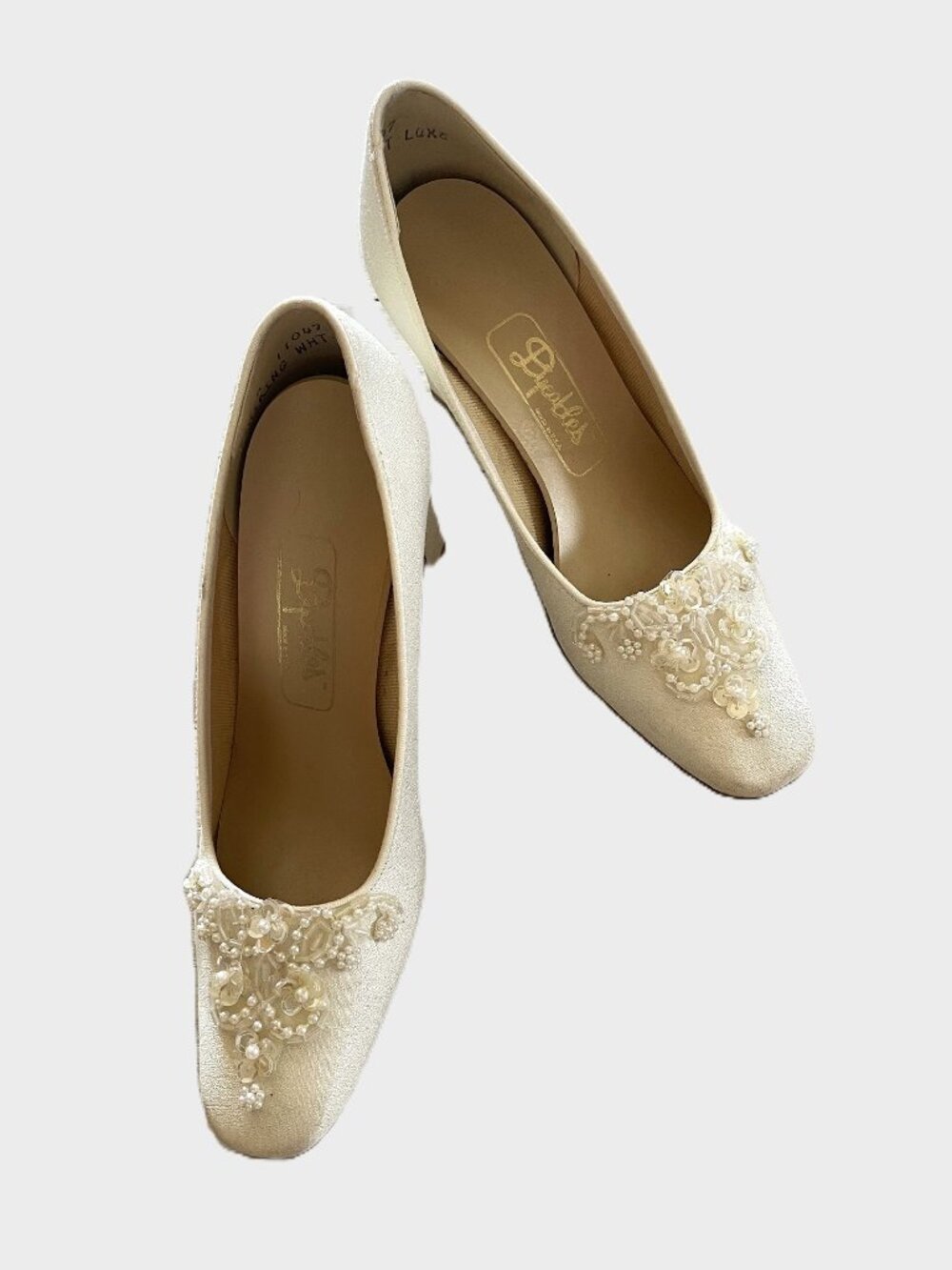 Dyeables Striking White Luxe Satin Heels • Pearl Beaded • Size 5B